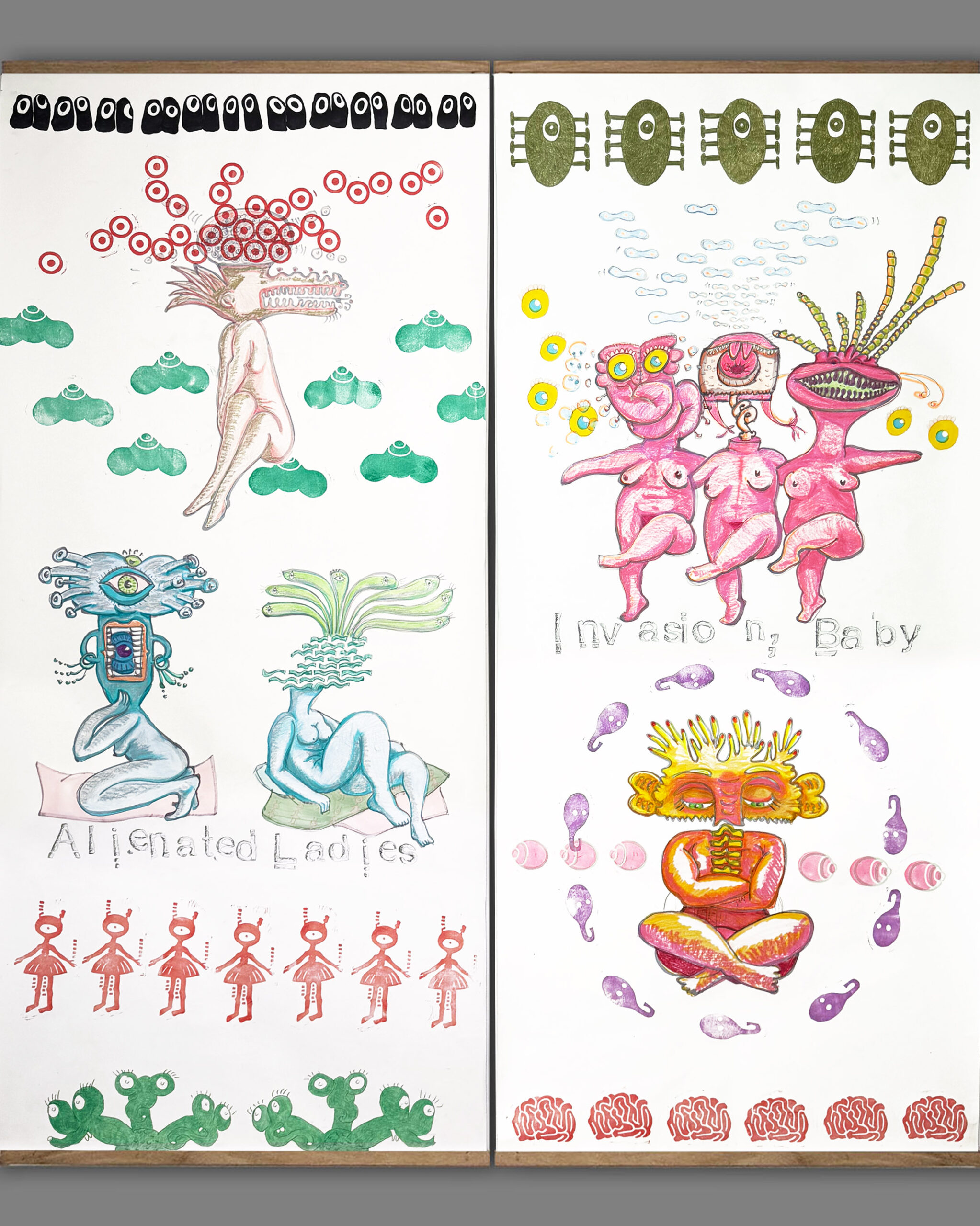 sorrybella_uschi_siebauer_alienated_ladies 'Alienated Ladies' & 'Invasion, Baby' 70 x 160 cm. Alienated Ladies 2 (2025), 70 x 160 cm Coloured pencil, felt-tip pen and stamp on paper